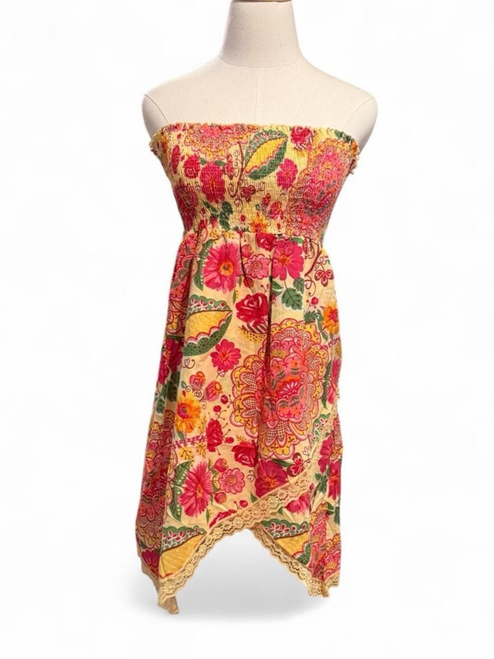 Y2K Boho Smocked Handkerchief Bandeau Top / Mini Dress Floral Paisley PM